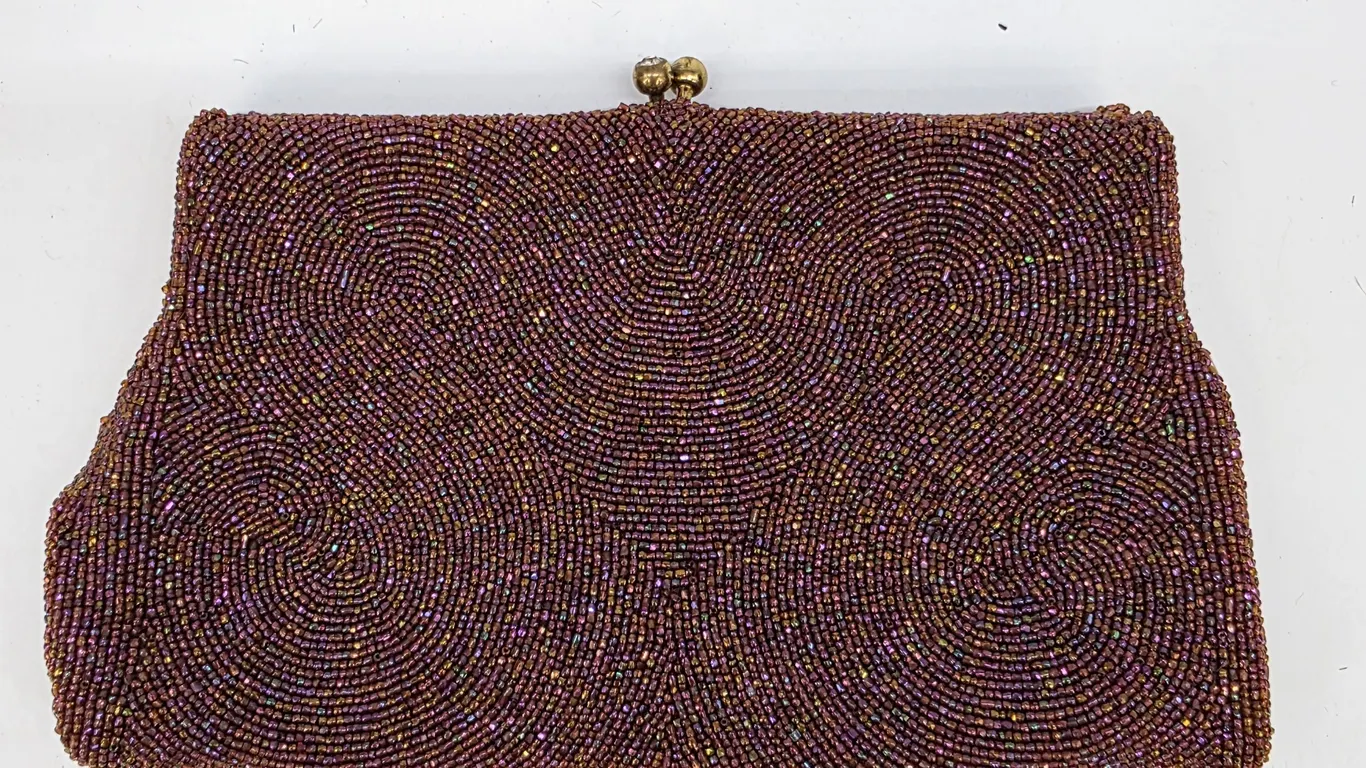 Vintage Made in Belgium Beaded Clutch Iridescent Bronze Purple Kiss Lock Bag
