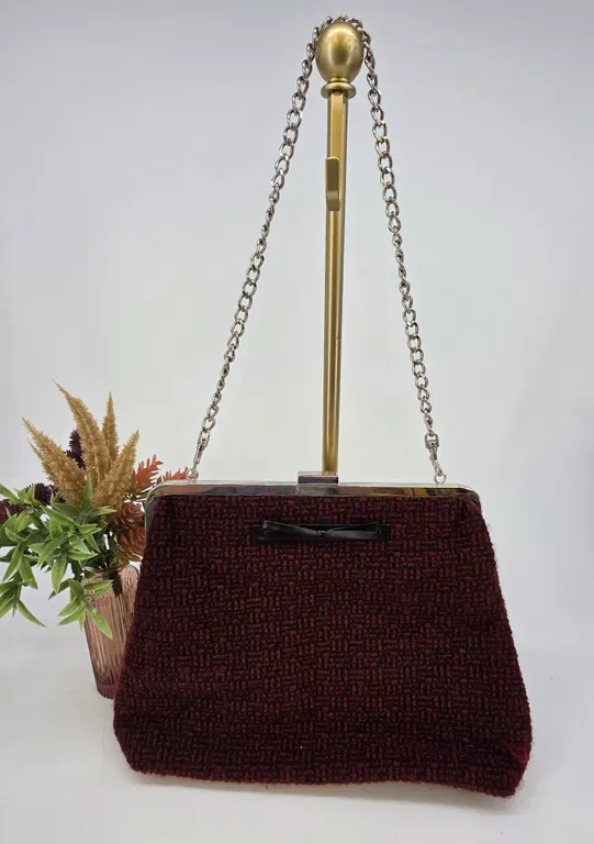 The Sak Elliott Lucca Burgundy Woven Boucle Frame Bag Chain Strap Bow Accent