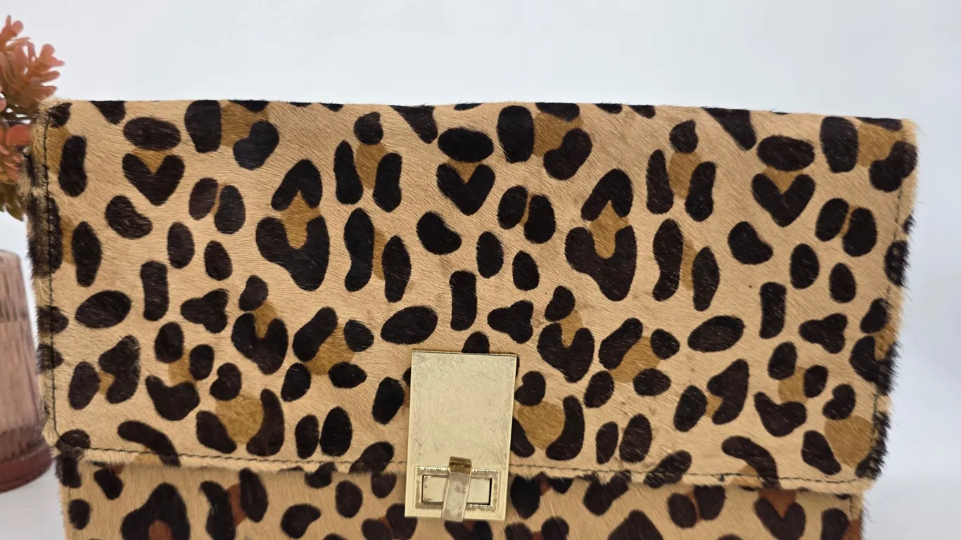 Express Leopard Print Clutch Bag Gold Turn Lock Animal Pattern Evening Purse