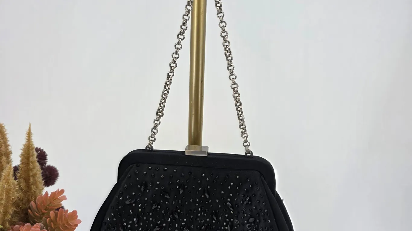 Ann Taylor Black Beaded Satin Evening Clutch Bag Silver Chain Strap Formal
