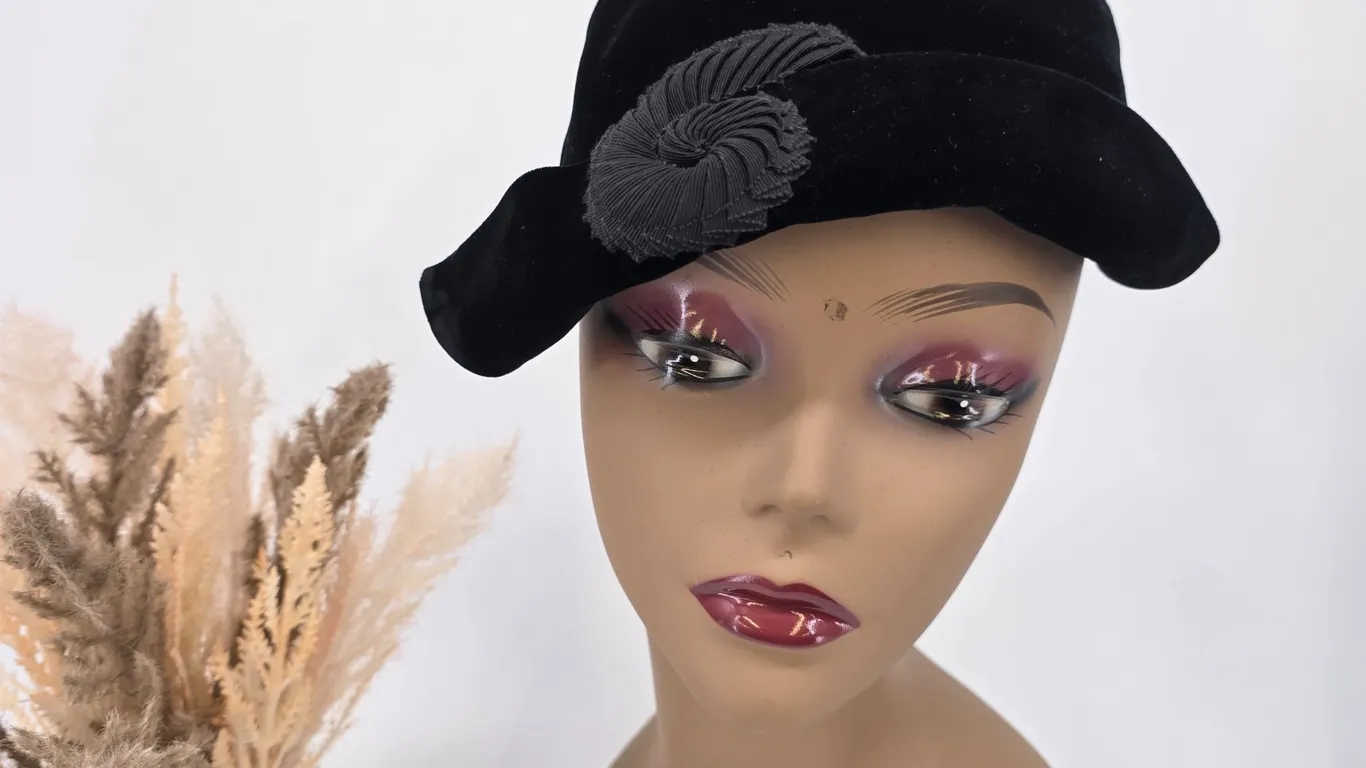 Verde Vintage Black Velvet Cloche Hat Asymmetrical Brim Swirl Accent Elegant