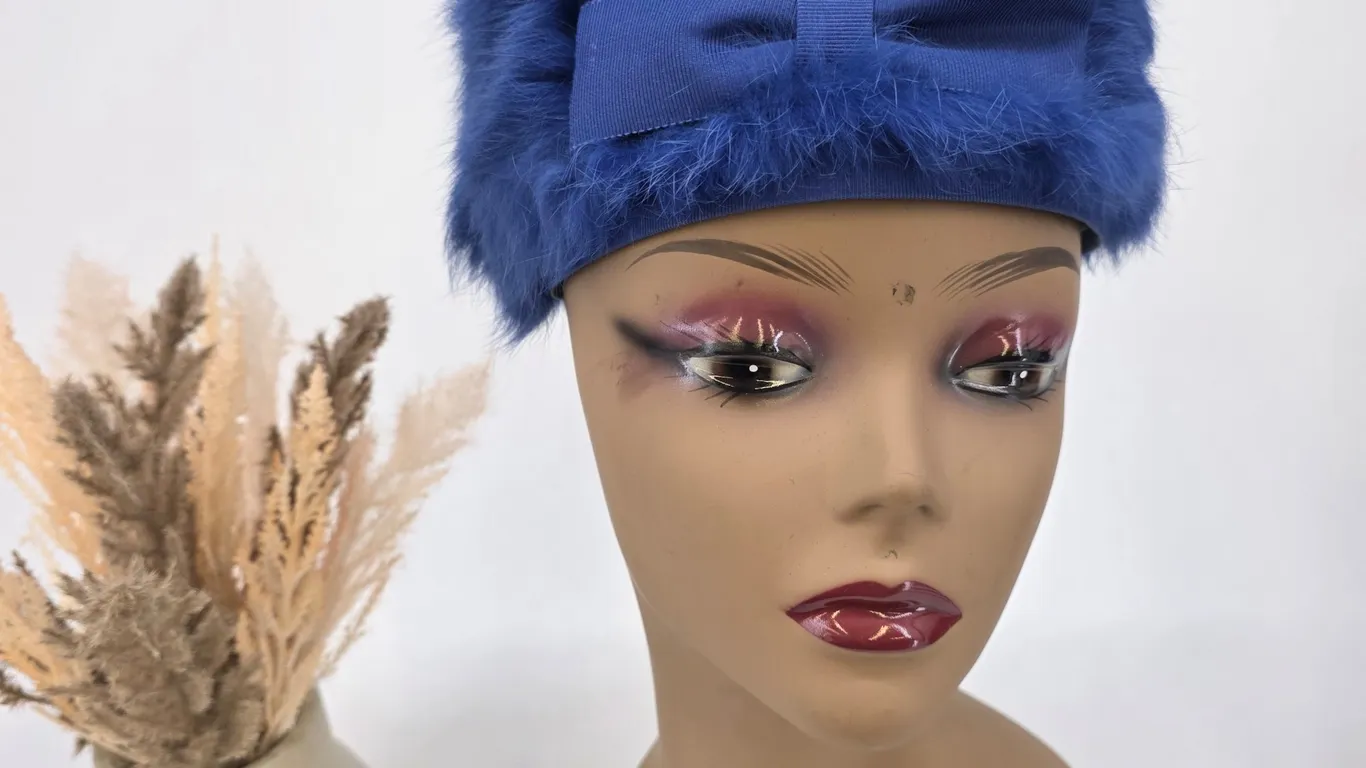 Vintage Style Royal Blue Faux Fur Pillbox Hat with Grosgrain Bow Accent