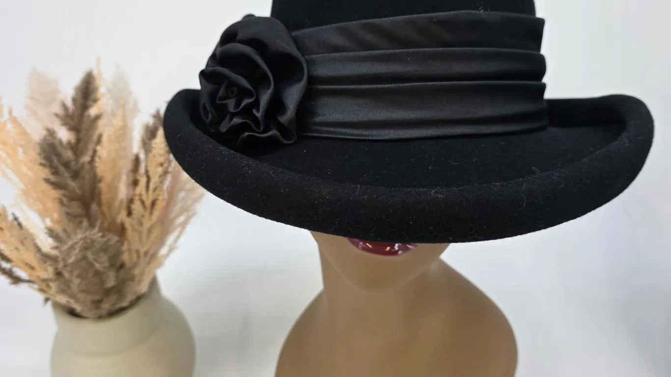 Essence Hat Black Wool Felt Cloche with Satin Rose Detail and Pleated Band