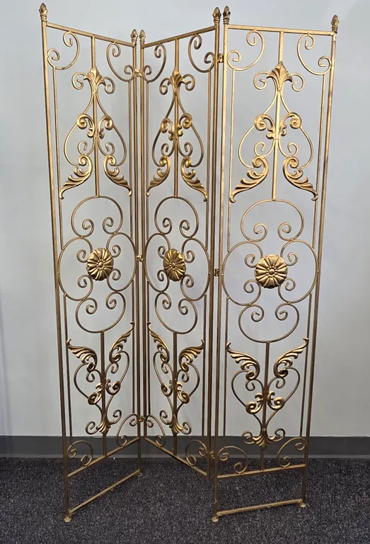 Gold Metal 3 Panel Folding Screen Ornate Scroll Room Divider Medallion