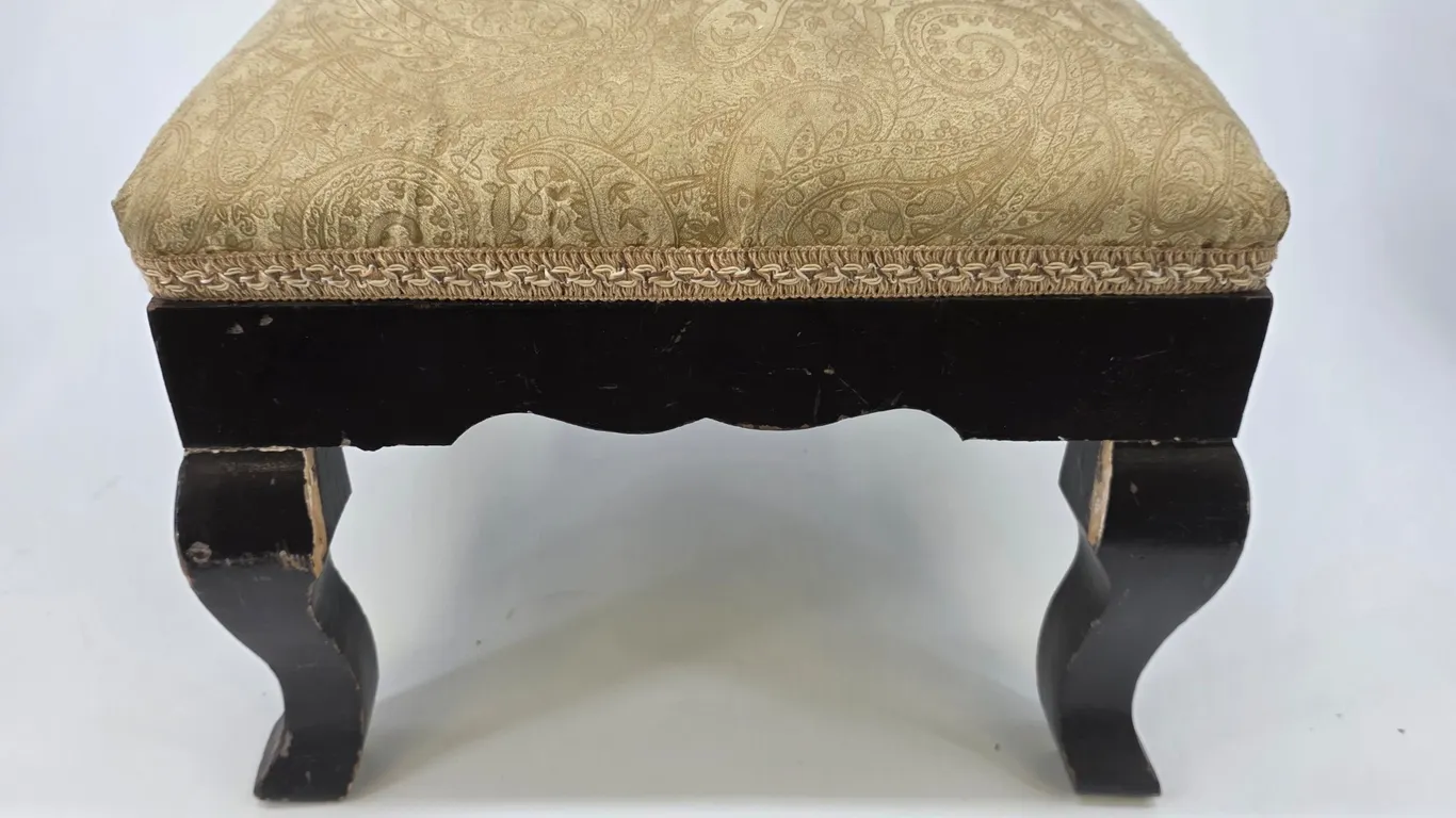 Paisley Upholstered Footstool Dark Wood Cabriole Legs Gold Ottoman