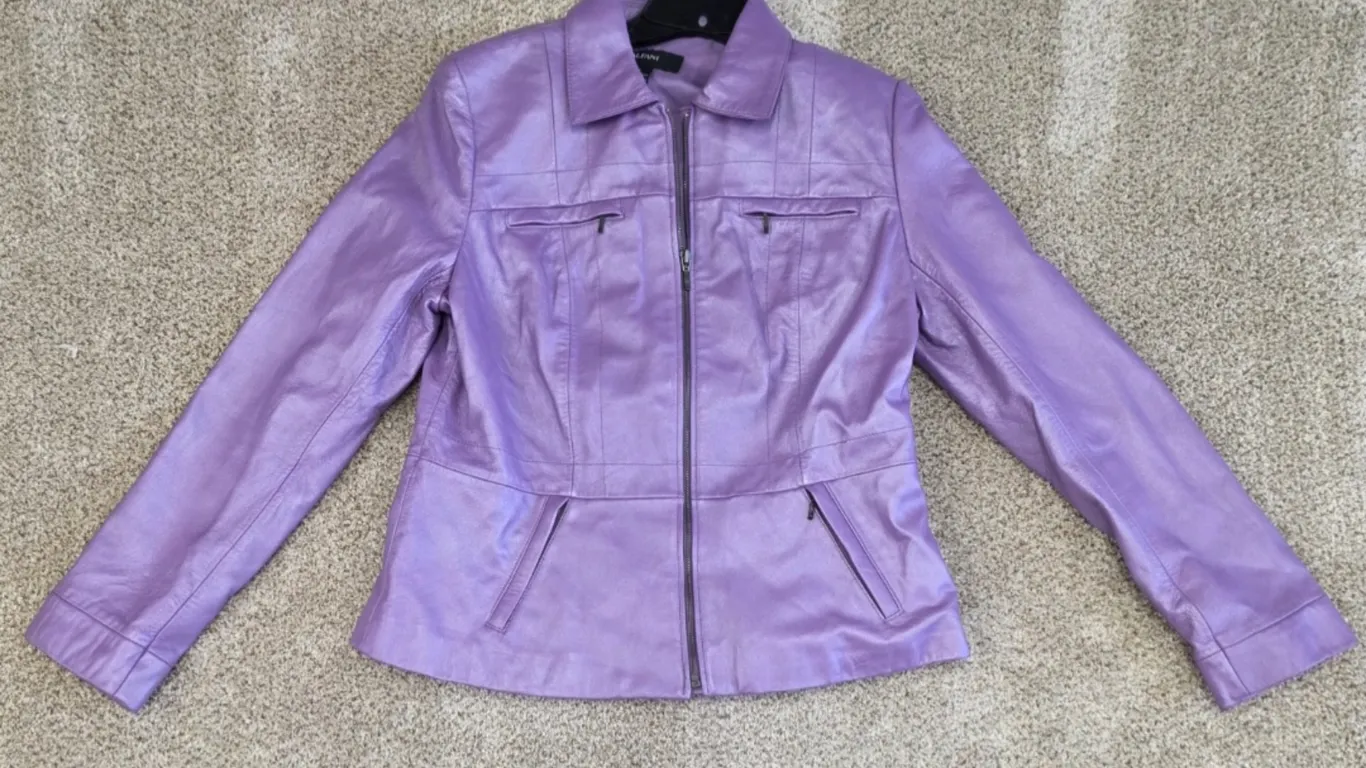 Size Large. Alfani Genuine Leather Jacket in a Vibrant Purple Hue