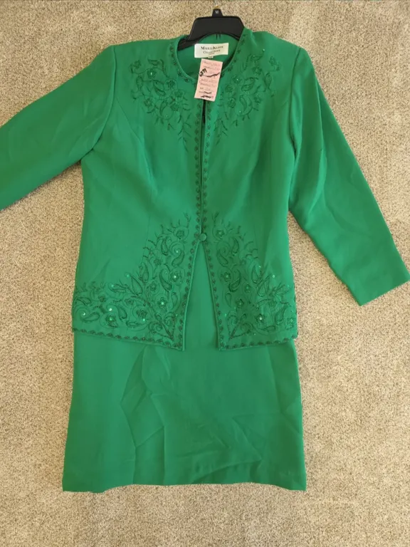 Maxie Klein Collections New York three-piece skirt suit set in a vibrant kelly green