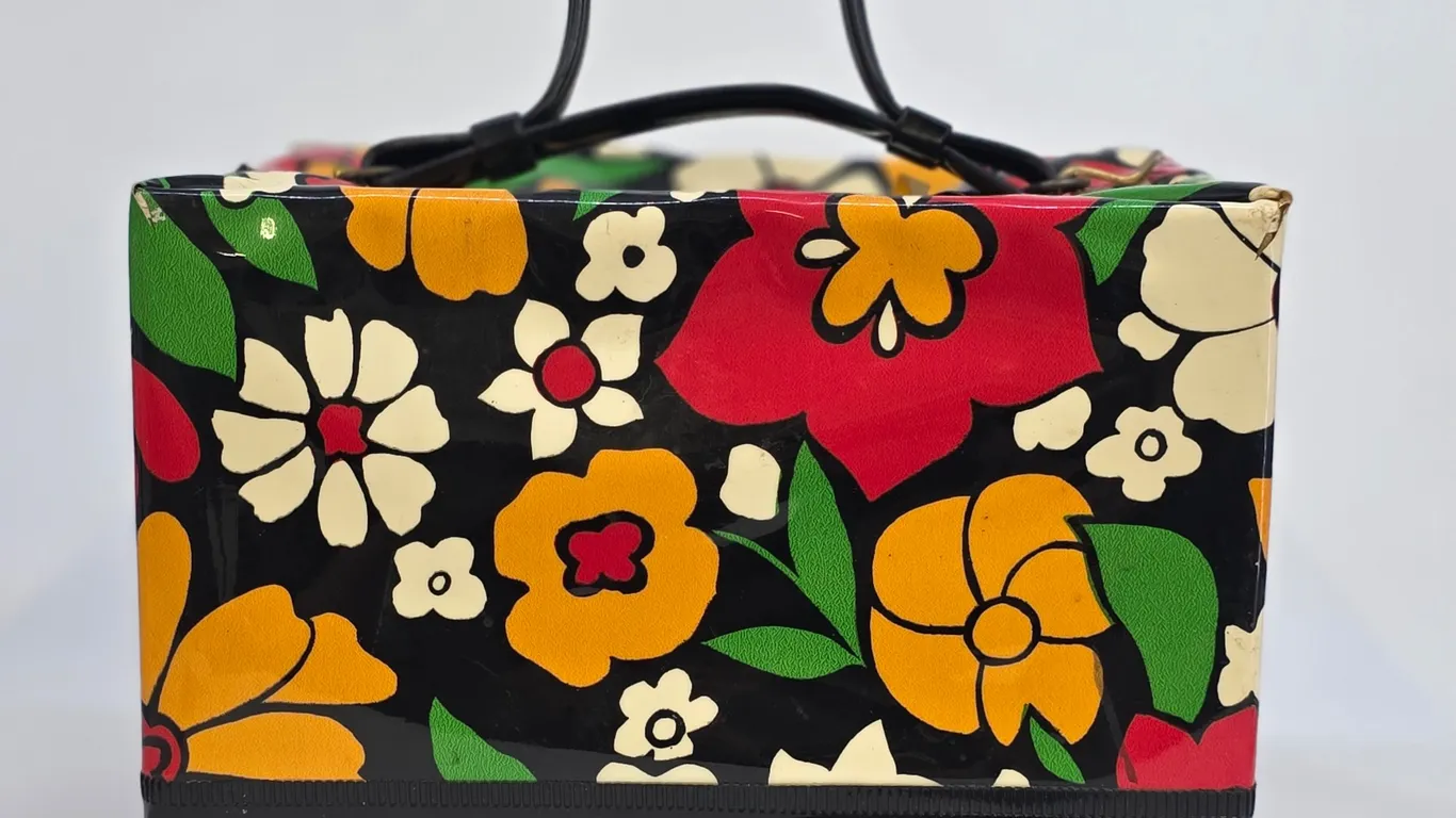 Vintage 60s 70s Floral Vinyl Train Case Mod Flower Power Vanity Box Bag Black with Hair Rollers