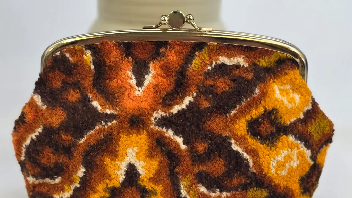 Vintage Like MCM Carpet Bag Clutch Orange Brown Psychedelic Kiss Lock Tapestry Purse