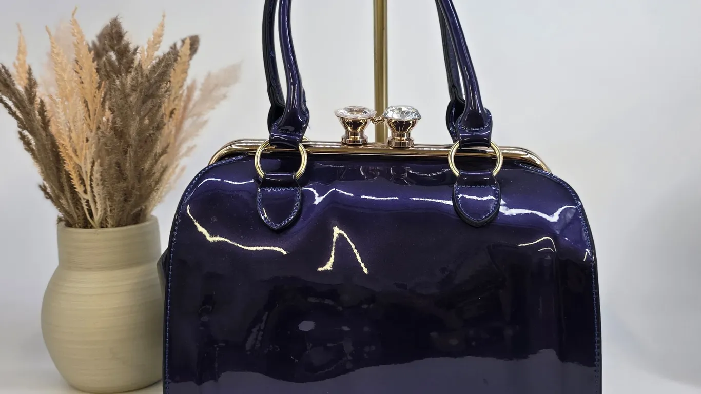 Vintage Style Purple Patent Glitter Doctor Bag Kiss Lock Crystal Handbag