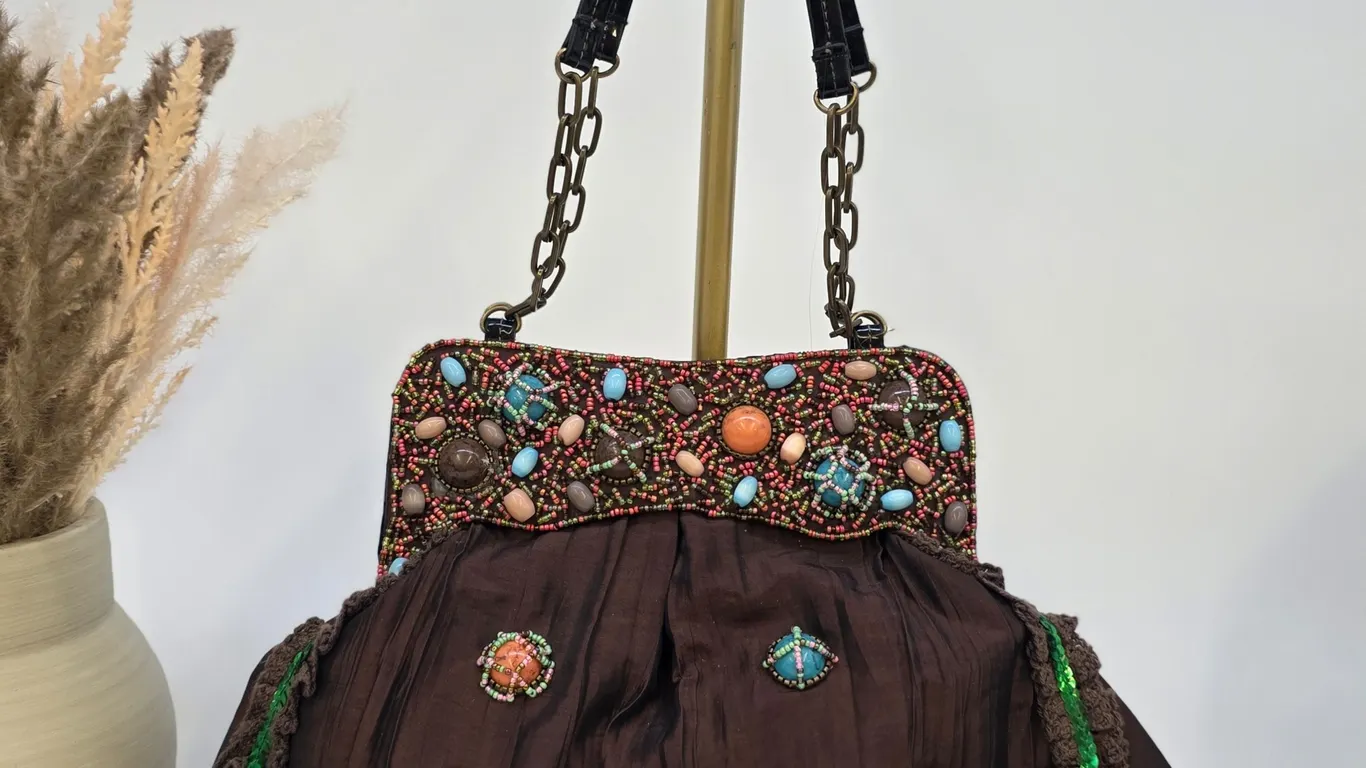 Vintage Inspired Brown Pleated Satin Beaded Handbag Boho Sequin Frame Bag Bronze Chain