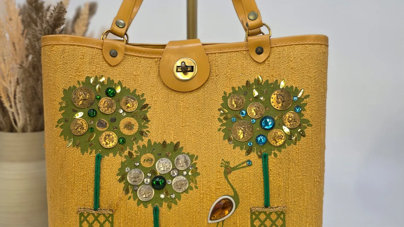 Vintage Enid Collins Money Tree Burlap Tote Bag Mustard Yellow Jeweled 1960s