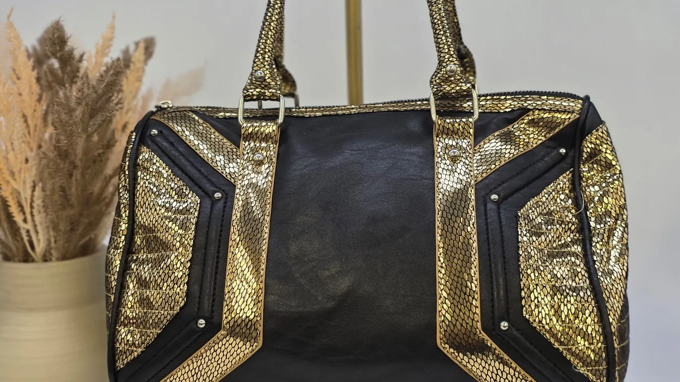 Rampage Satchel Bag Black Gold Metallic Snakeskin Embossed Studded Handbag