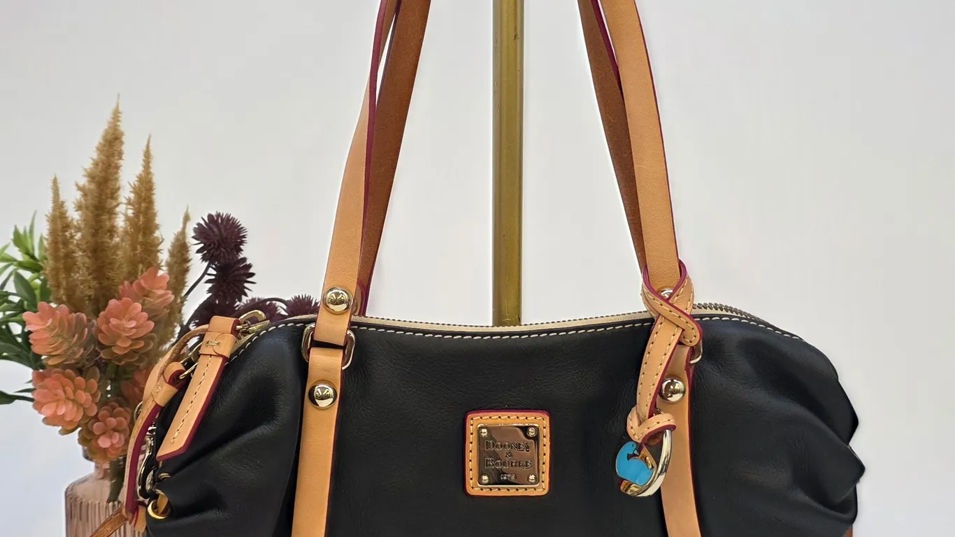 Dooney & Bourke Black Leather Cinched Shoulder Bag Gold Hardware Tan Trim