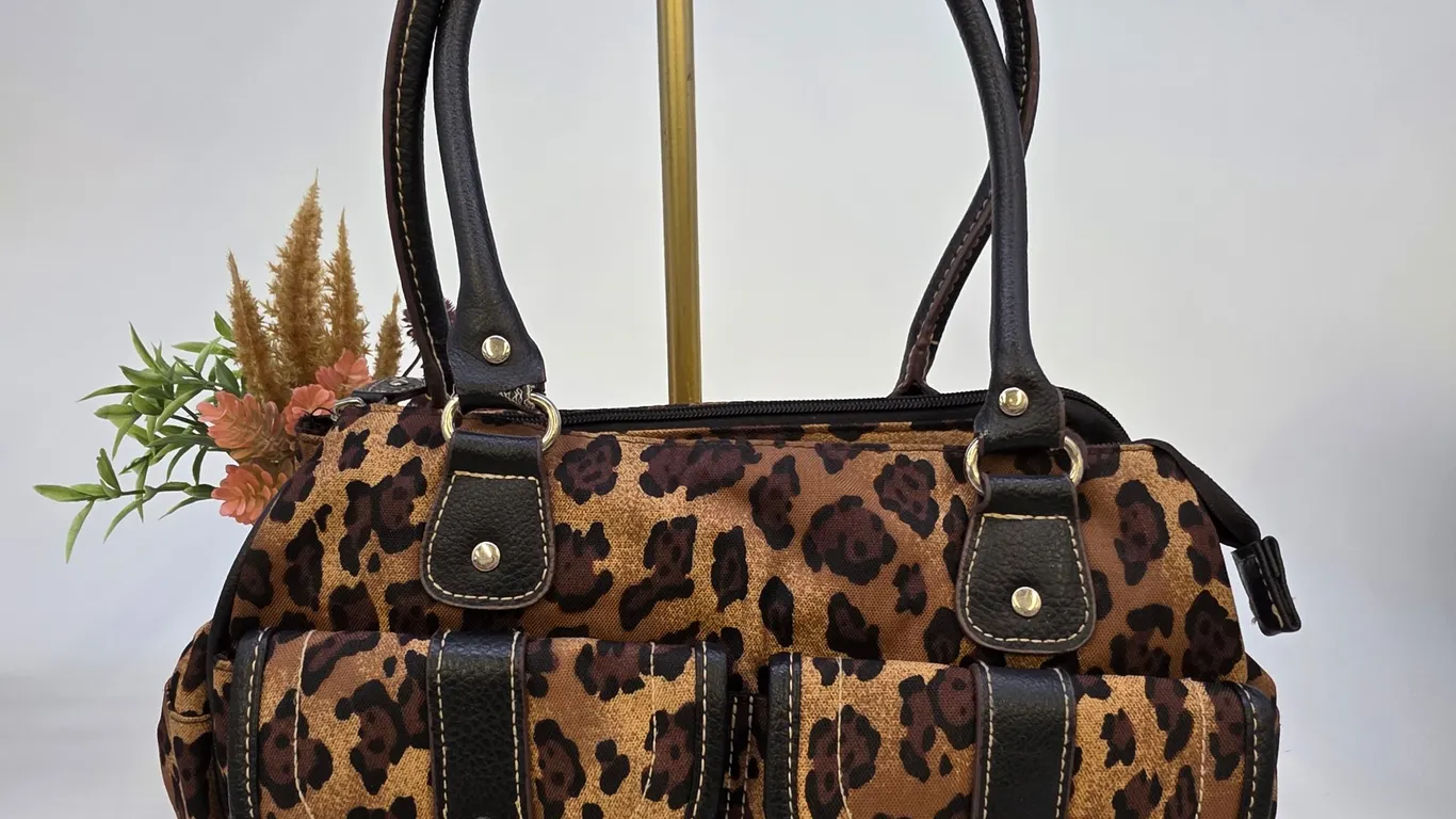 Leopard Print Canvas Shoulder Bag Triple Compartment Faux Leather Trim Brown