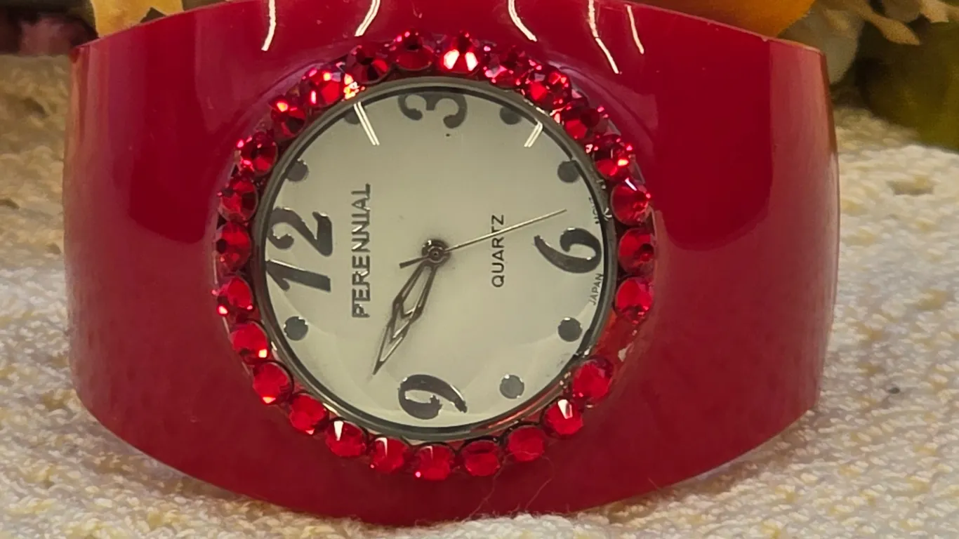 Perennial Red Resin Cuff Watch Rhinestone Bezel Quartz Japan Movt Bracelet