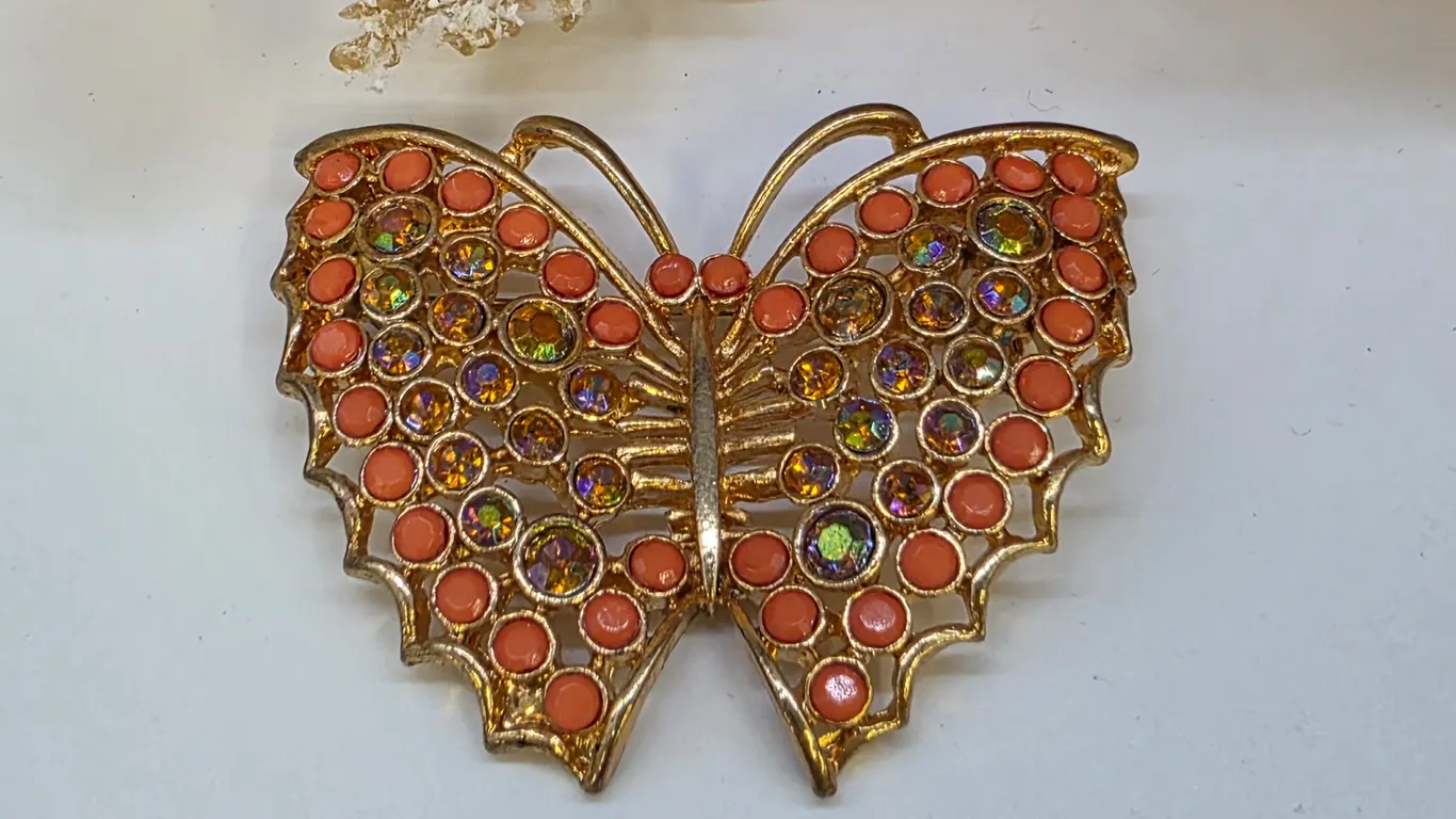 Gold Tone Butterfly Brooch Coral Cabochon