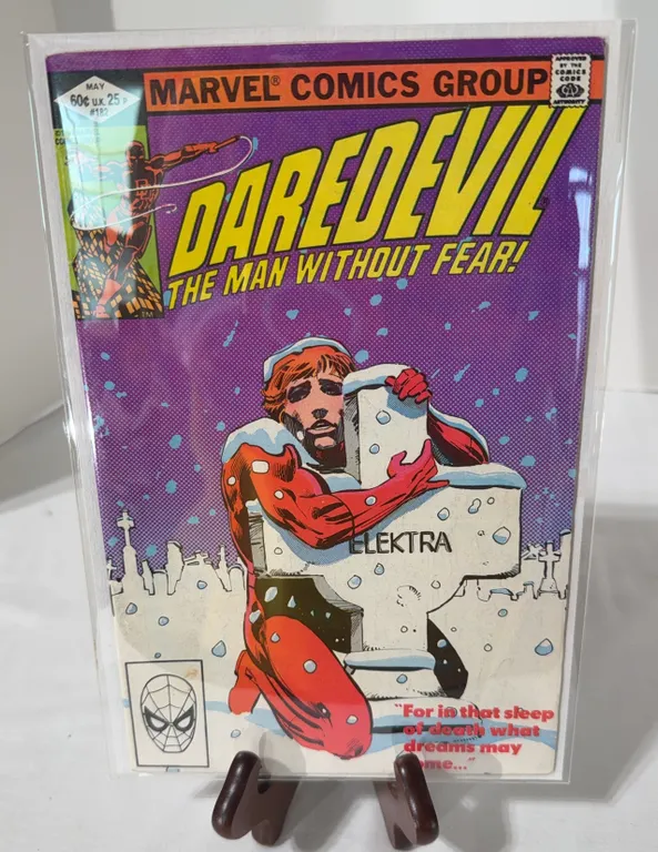 Daredevil #182, Features an iconic cover showing Daredevil at Elektra's snowy gravestone.