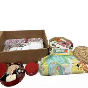 Older Sewing Basket, Fabric Scraps & Needlework Pieces