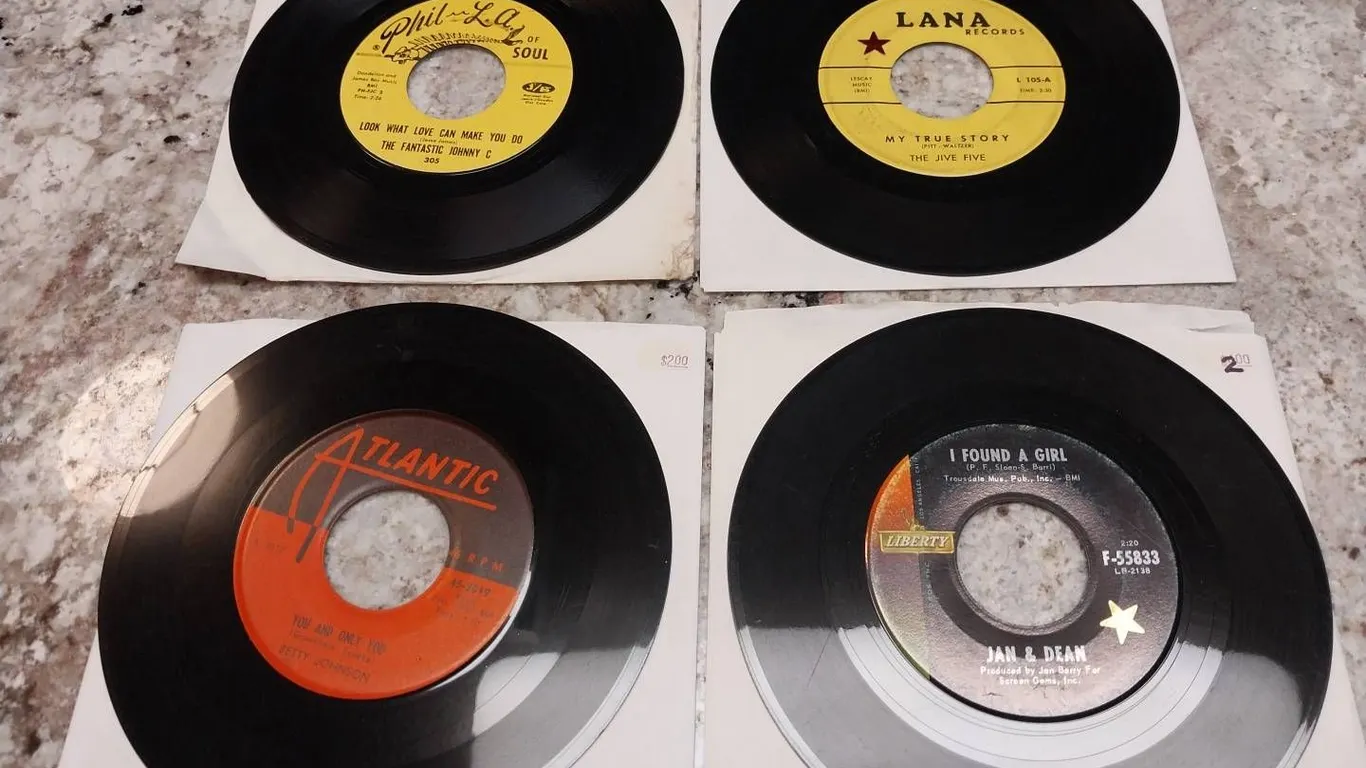 Four 1960s 7-Inch Soul, Doo Wop, and Pop 45 RPM Records by The Fantastic Johnny C, The Jive Five, Ja