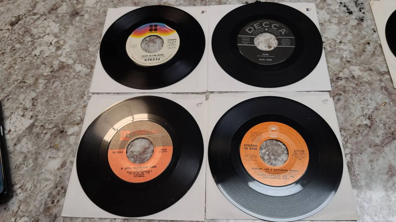 1970s-1980s 45 RPM Vinyl Records Featuring Kansas, Kalin Twins, Flash Cadillac, The Kinks, Lot Of 8