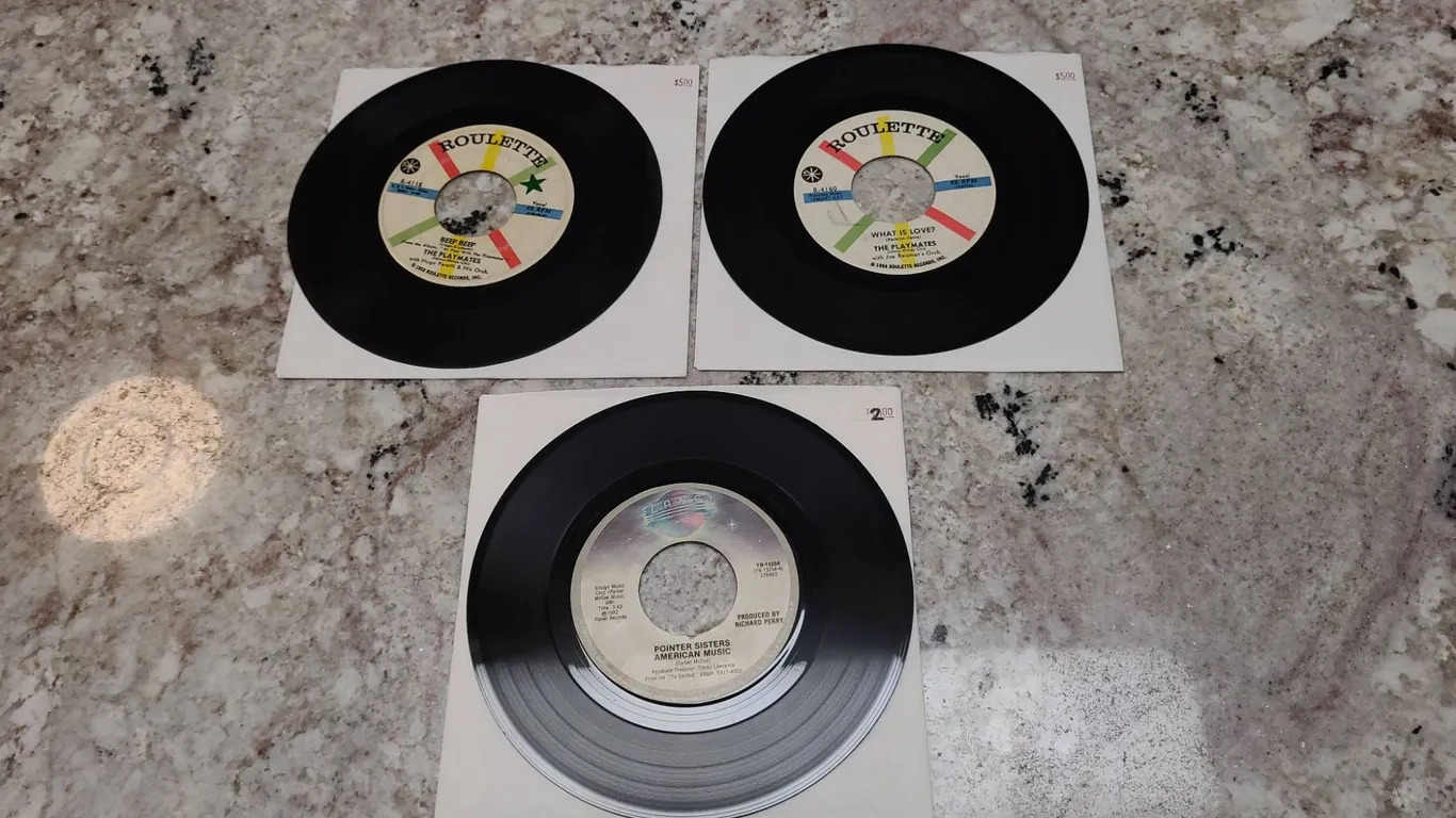 Three 45 RPM Records: The Playmates (Roulette Label) and Pointer Sisters (Planet Records) Singles