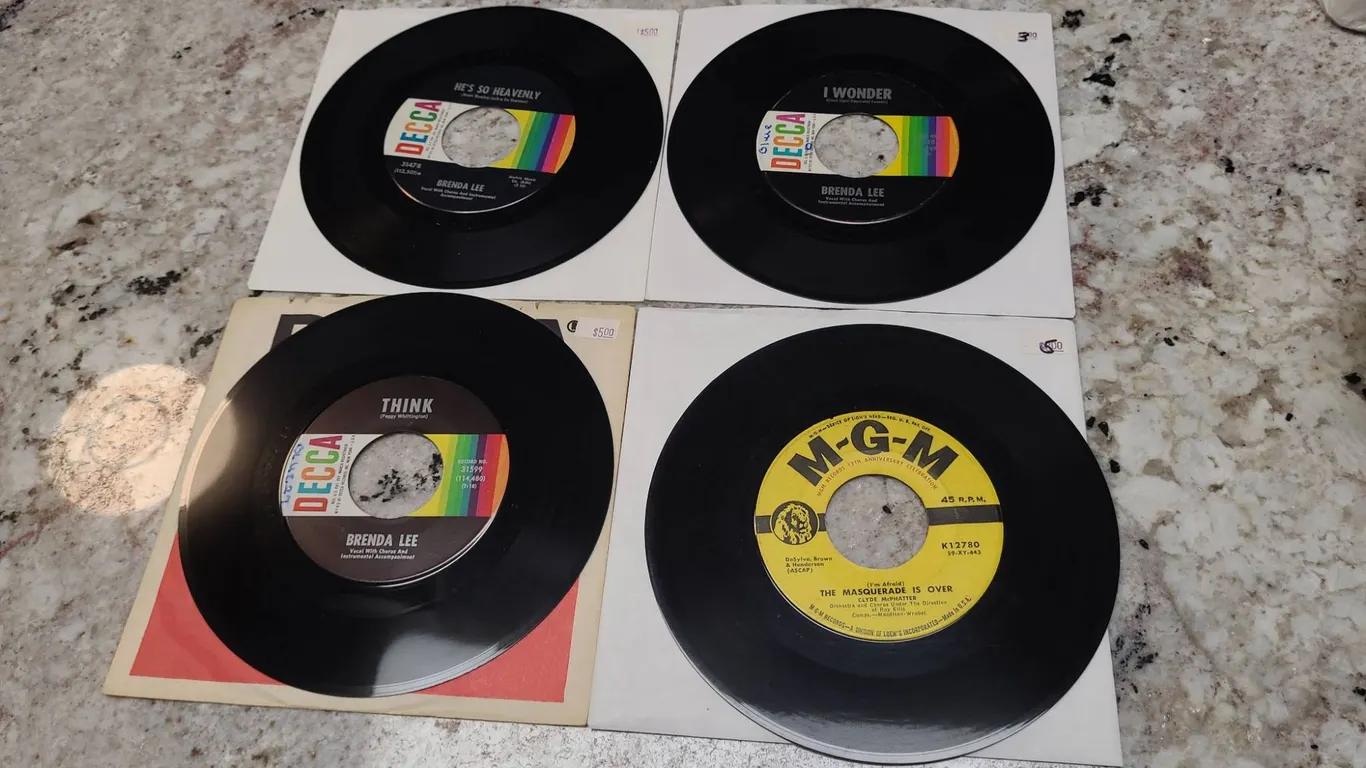 Eight Brenda Lee and Other 45 RPM Singles on DECCA and MGM Labels Circa 1960s-1970s with Sleeves