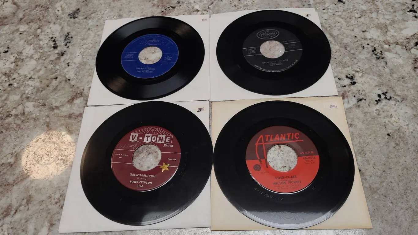 1950s and 1960s 45 RPM Records Featuring The Platters, Wilson Pickett, and Bobby Peterson, 8 Sides