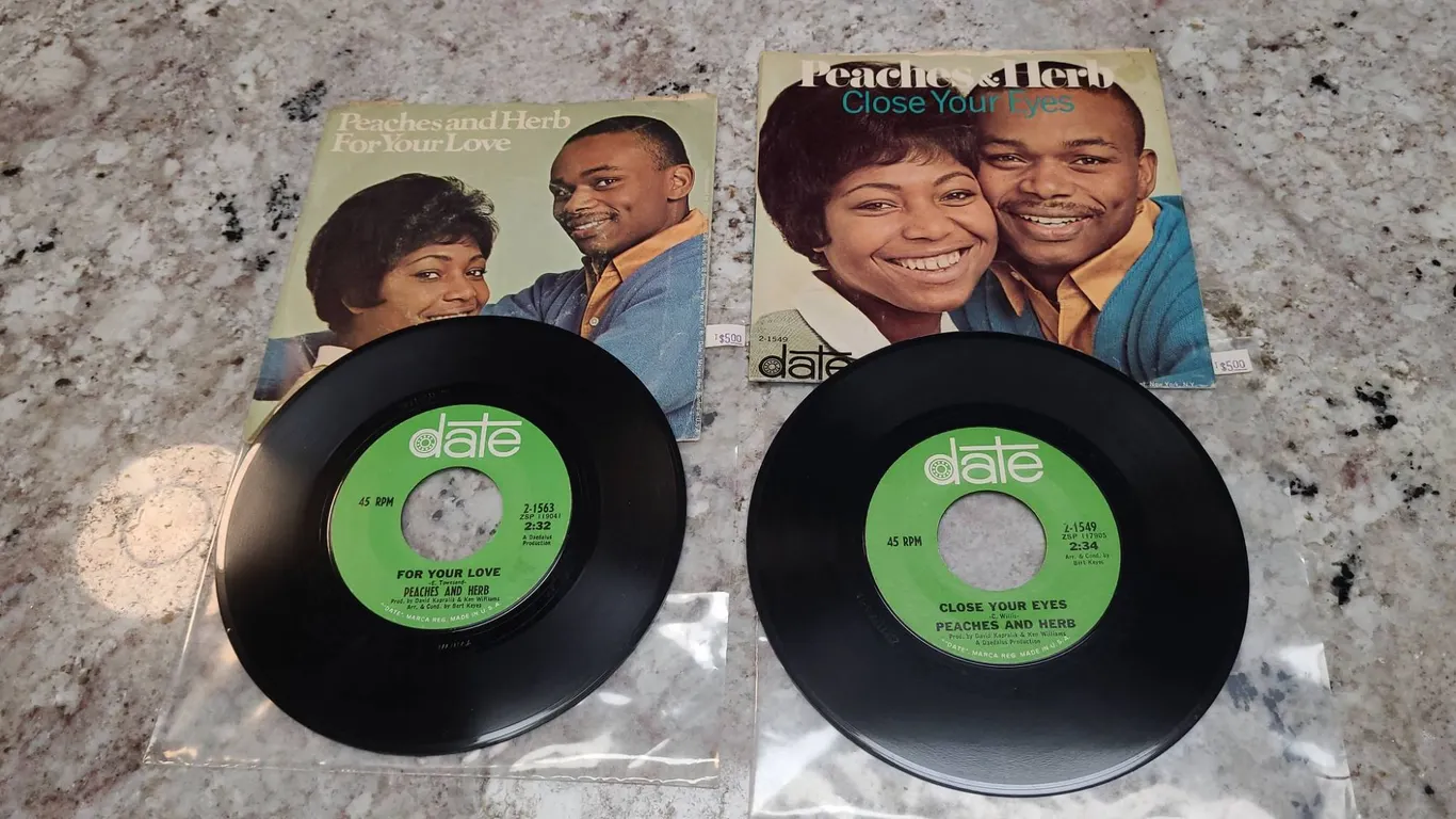 Peaches and Herb 45 RPM Vinyl Singles: 'For Your Love'/'I Need Your Love So Desperately' and 'Close