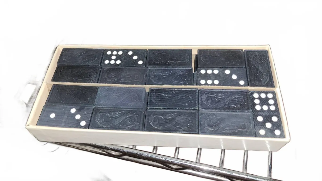 Chinese-Style Black Dominoes Set, Carved Dragon Motifs in White Tray, 28 Pieces Total Box Display