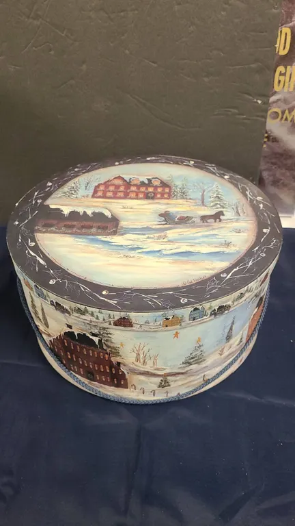 Round Decorative Box with Pat Fischer Winter Village Artwork