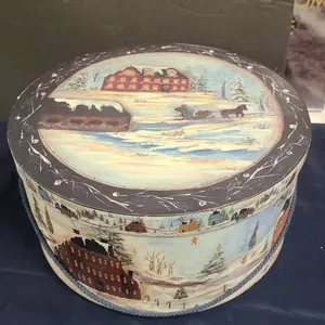 Round Decorative Box with Pat Fischer Winter Village Artwork