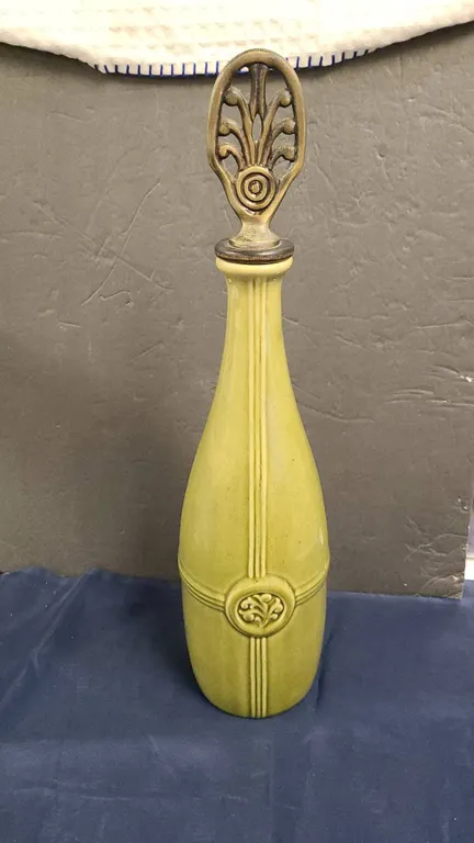 Pier 1 Decorative Green Ceramic Bottle with Finial Stopper