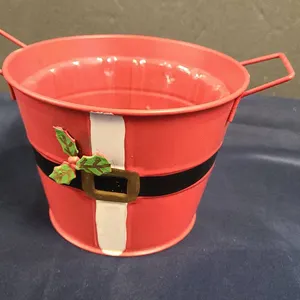 Red Metal Bucket with Santa Suit Design and Plastic Liner