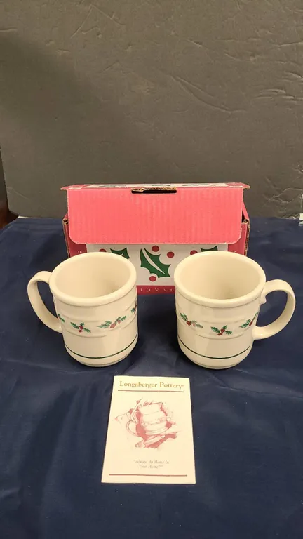 Longaberger Pottery Christmas Holly Mugs Set Of Two With Box