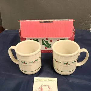 Longaberger Pottery Christmas Holly Mugs Set Of Two With Box