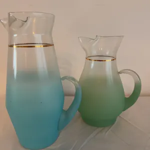 Mid-Century Blendo-Style Glass Pitchers, Blue & Green with Gold Rim (Pair)