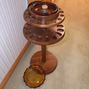 Vintage Wood Pipe Stand with Amber Glass Ashtray