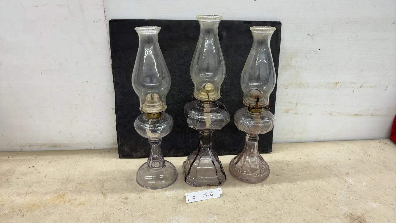 Three Antique Glass Kerosene Oil Lamps with Chimneys