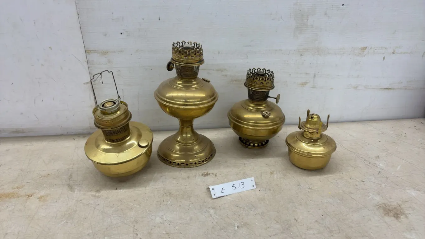 Four Antique Brass Kerosene Oil Lamps, No Chimneys
