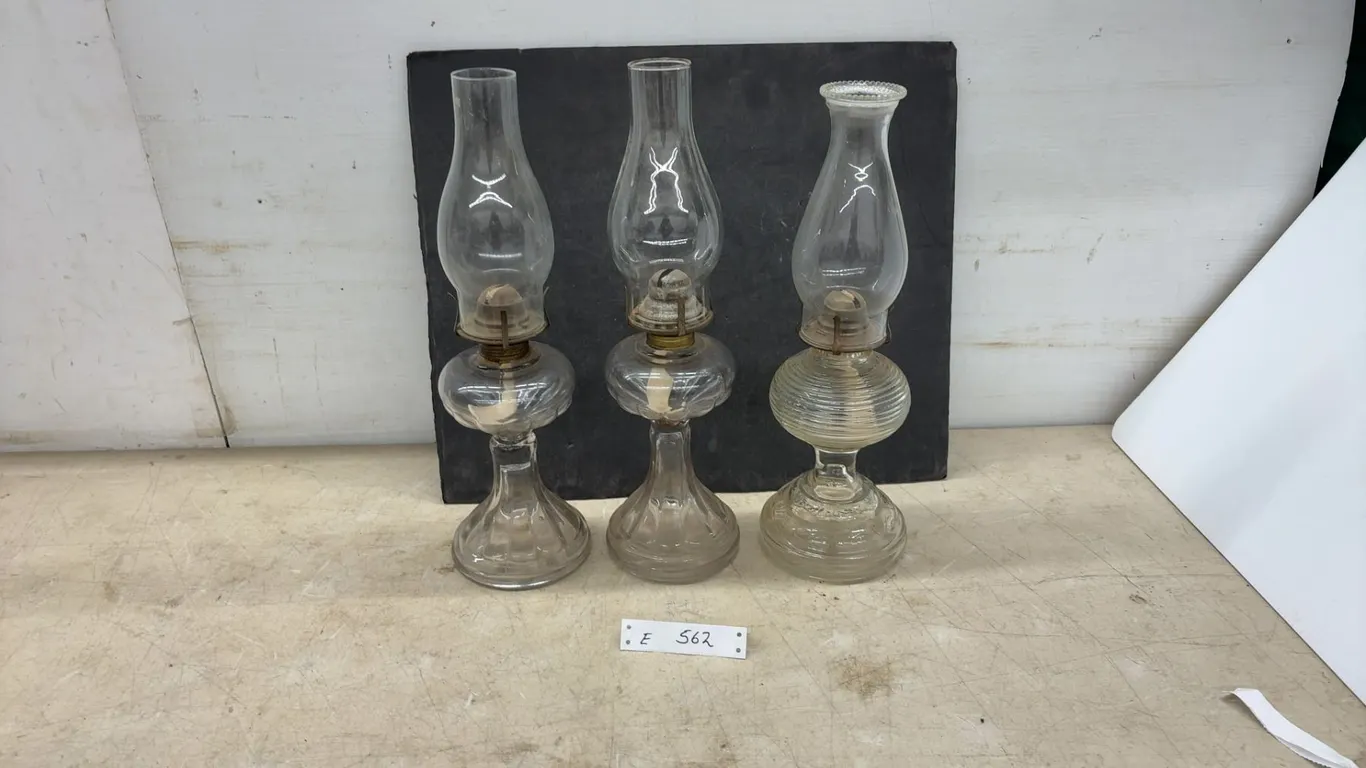 Three Antique Clear Glass Kerosene Oil Lamps With Chimneys