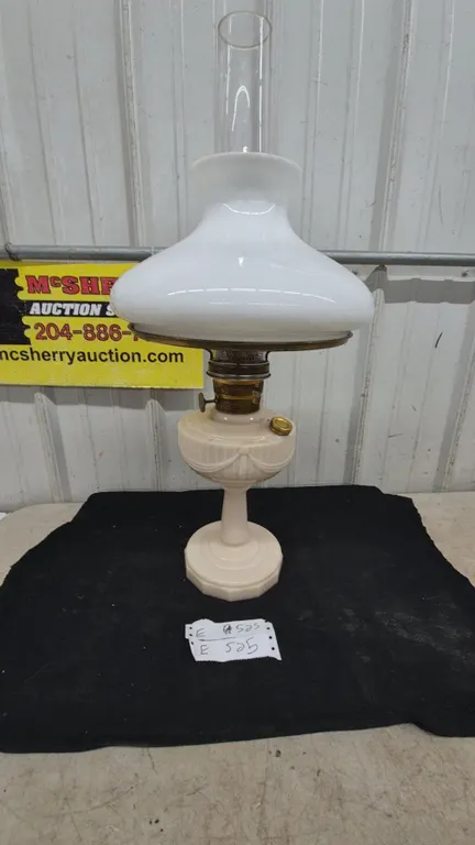 Vintage Milk Glass Aladdin Oil Lamp with White Shade and Glass Chimney