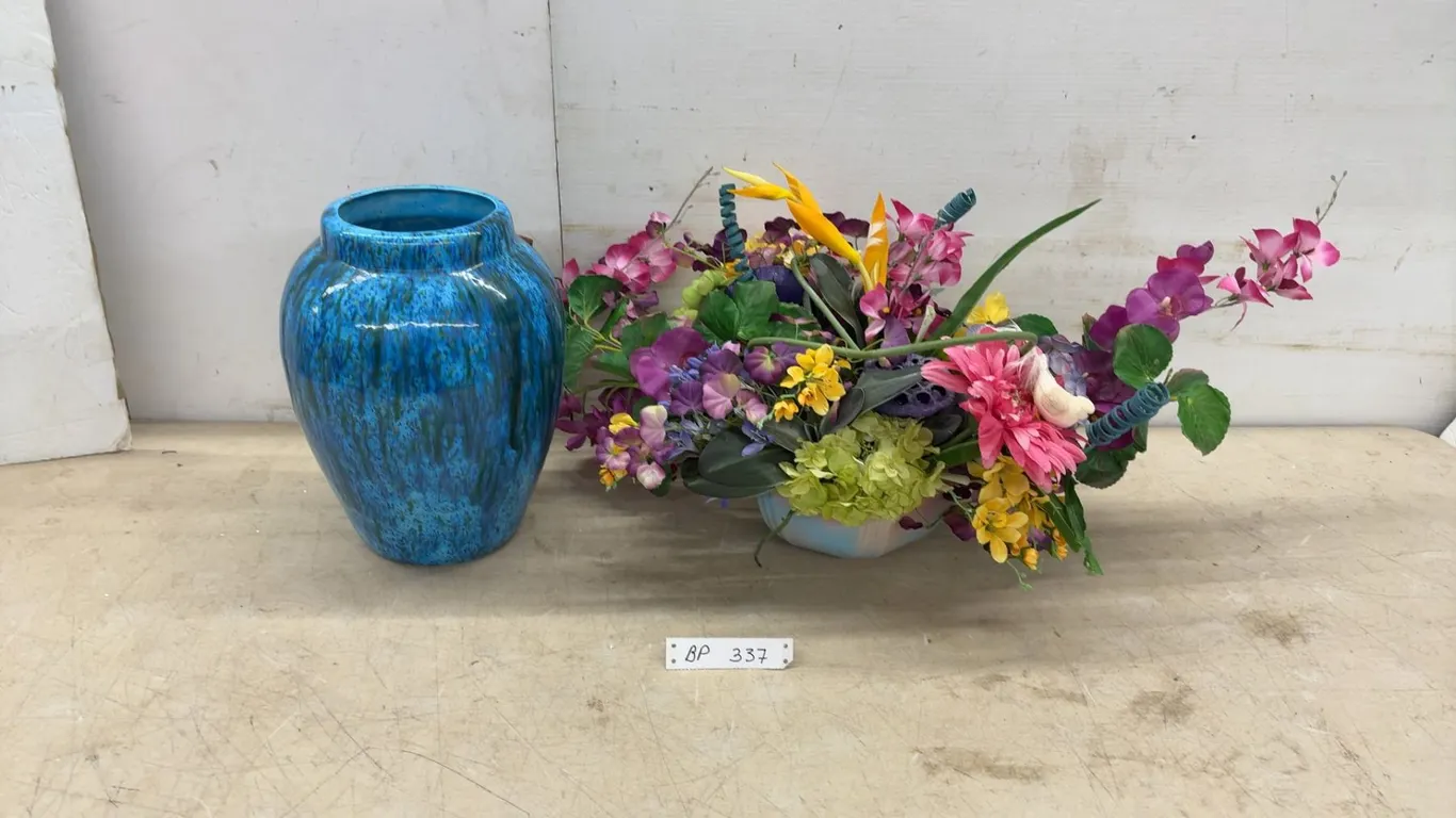 Blue Drip Glaze Ceramic Vase and Artificial Floral Arrangement in Pastel Bowl