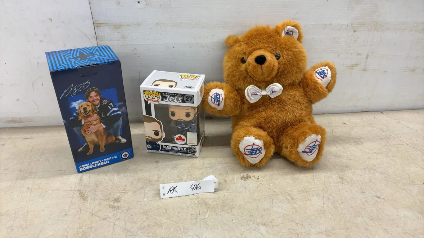 Winnipeg Jets Adam Lowry Bobblehead, Funko Pop! Blake Wheeler #27, and Jets