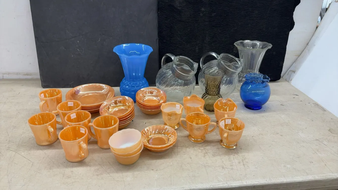 Vintage Anchor Hocking Fire King Lustreware Pineapple Vases and Tilted Ball Jugs