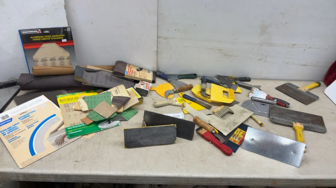 Variety of Sandpaper, Sanding Blocks, Scrapers, Putty Knives