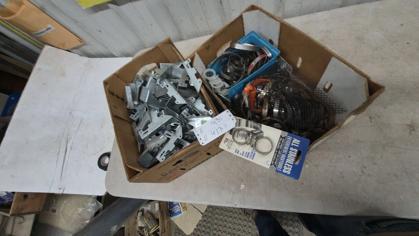 Box of Metal Joist Brackets, Box of Hose Clamps