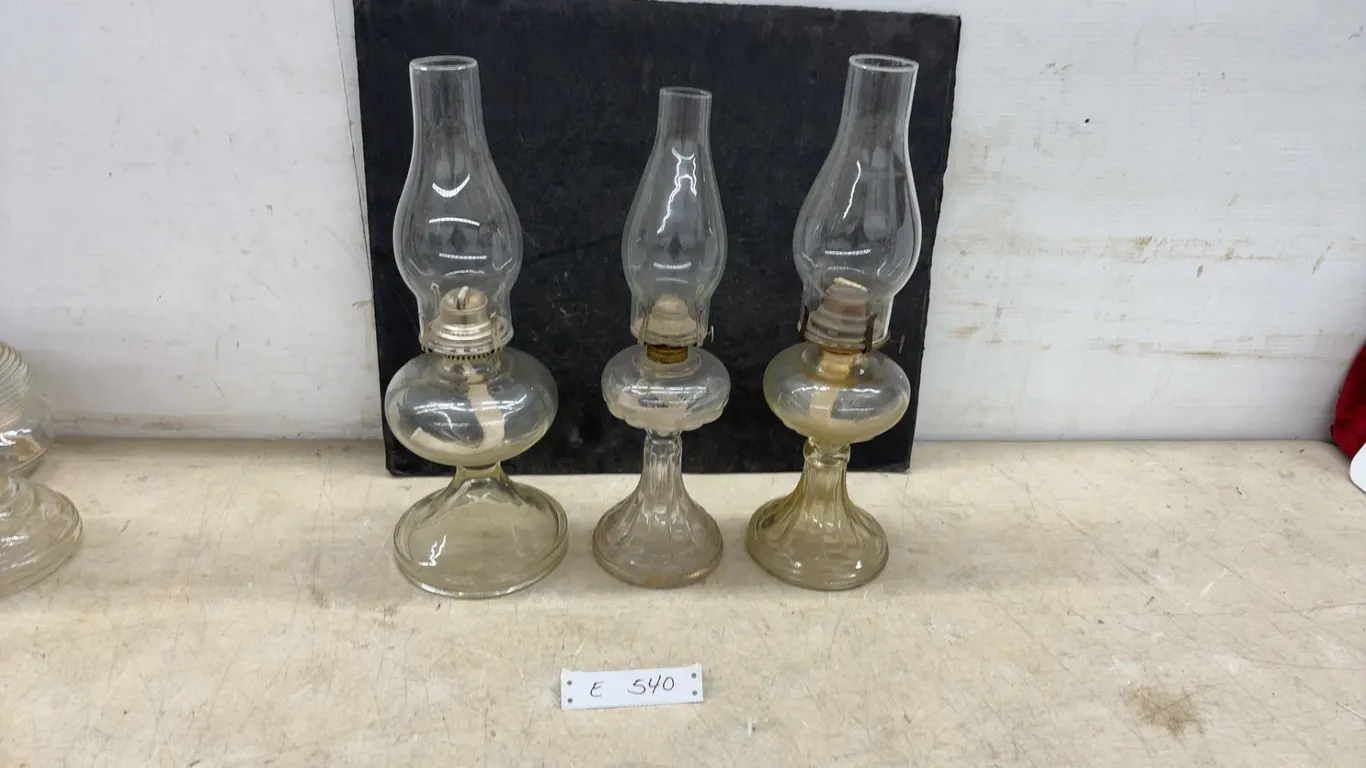 Three Antique Clear Glass Kerosene Oil Table Lamps With Chimneys, Late 19th/Early 20th Century