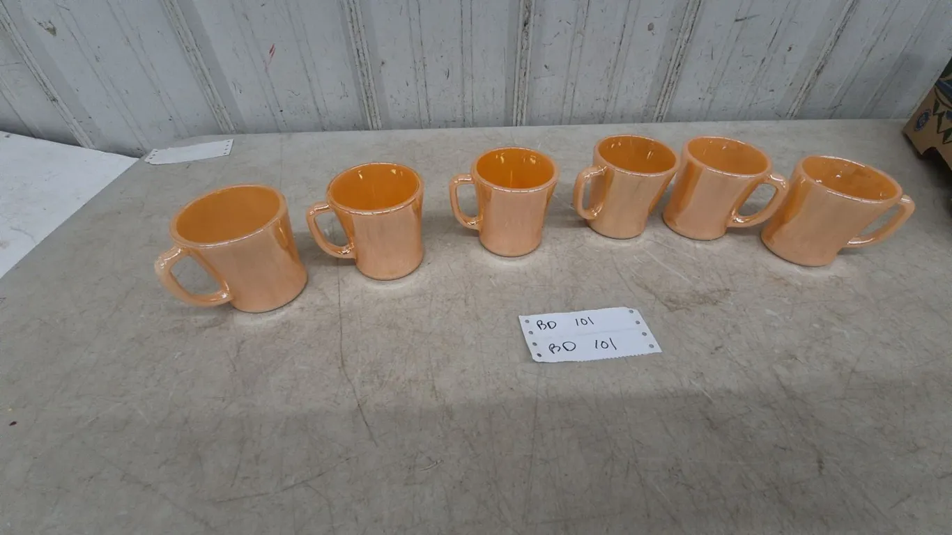 Six Fire-King Peach Luster D-Handle Mugs