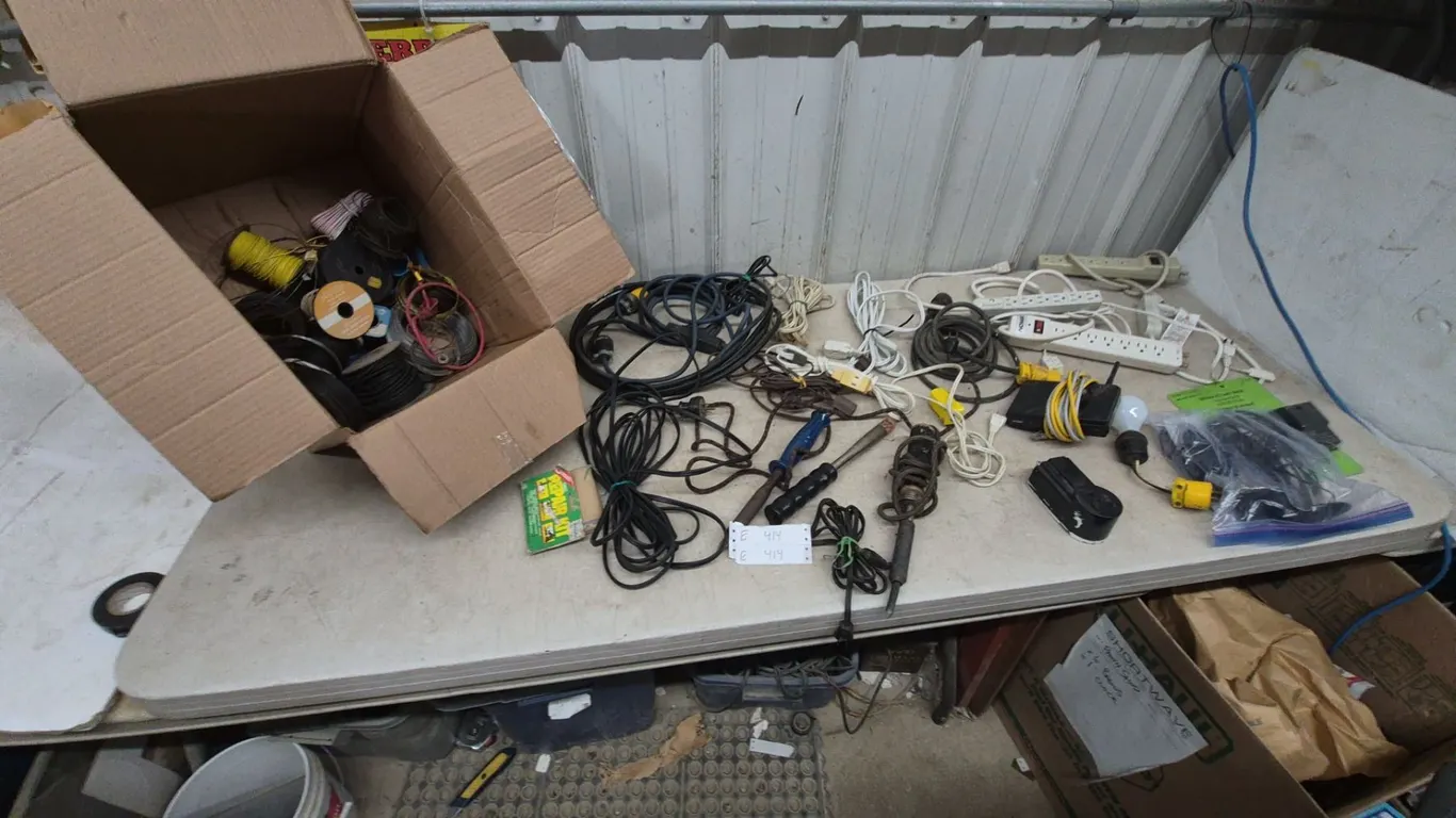 Assorted Electrical and Soldering Tools: Box of Wire Spools, Power Strips, Soldering Irons